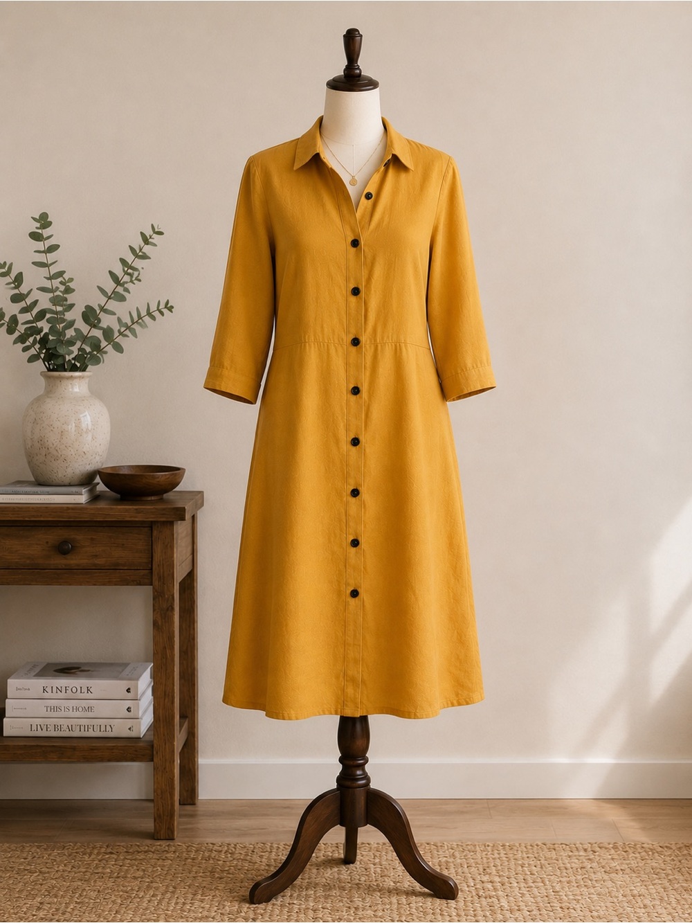Zara 100% Linen Mustard Shirt Dress Midi Coastal Boho Women's L